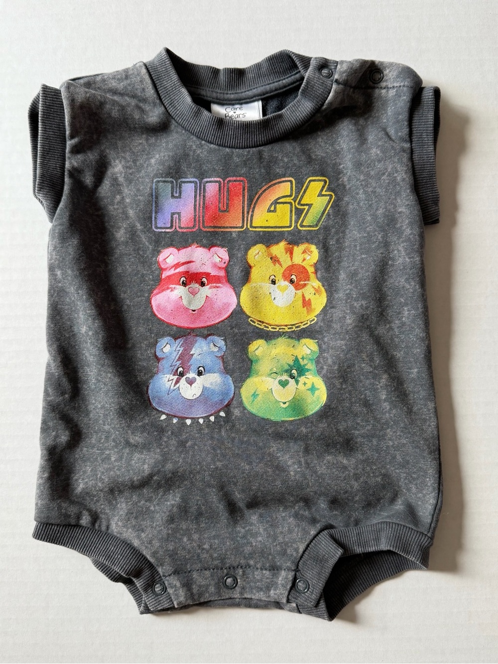 Care Bears Baby 6-9M Hugs Graphic Gray Bubble Romper Bodysuit